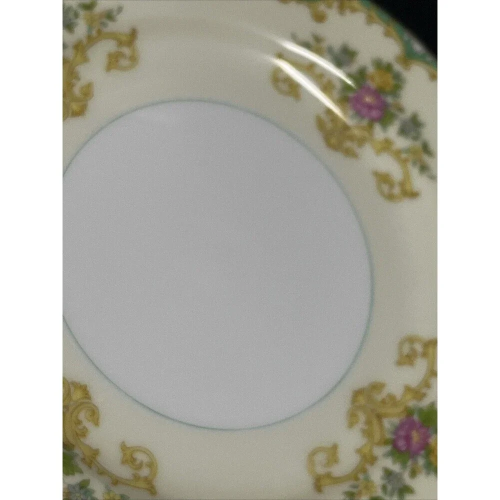 1930s Noritake Tiffany M Dessert Plates 7.5” Gold Trim Ivory Aqua Beige 2 PC HTF